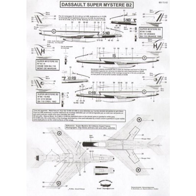 Decalcomania Dassault Super Mystere B2 Part 1 : N 49 5-NB ′Vendee′, N 88 10-RB ′Seine′, & N 15 H CEAM ref