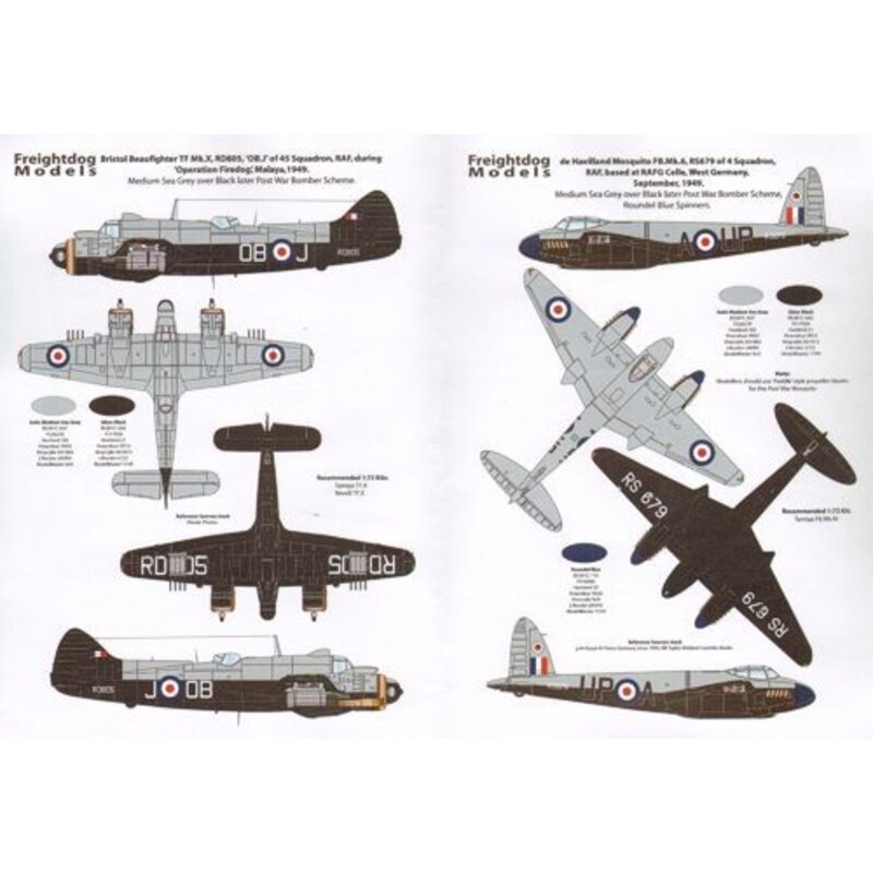 Decalcomania RAF Post-War (7) - Bristol Beaufighter RD805/OB-J 45 Squadron, Malaya 1948, Mosquito FB6 RS679/AU-P 4 Squadron, RAF