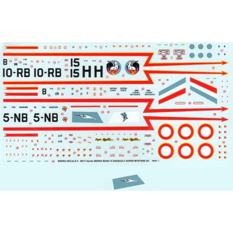 Decalcomania Dassault Super Mystere B2 Part 1 : N 49 5-NB ′Vendee′, N 88 10-RB ′Seine′, & N 15 H CEAM