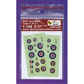 Decalcomania RAF Type C, C1 roundels, 2 sets. Includes.... Type C: 16,18,32,40,50,54,56,63, Type C1: 18,36,42,50,54, fin flash: 