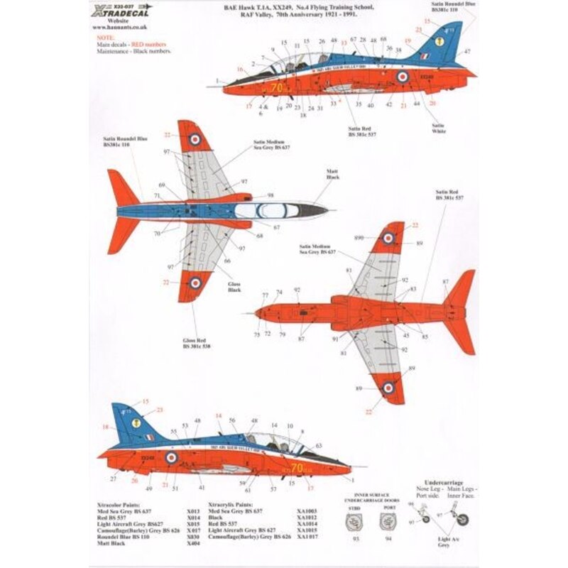 Decalcomania BAe Hawk T.1A (2) XX249 4th FTS 70th Anniversary 1921 Abu Sueir-Valley 1991, Red/White/Blue/Lt. Aircraft Grey camo;