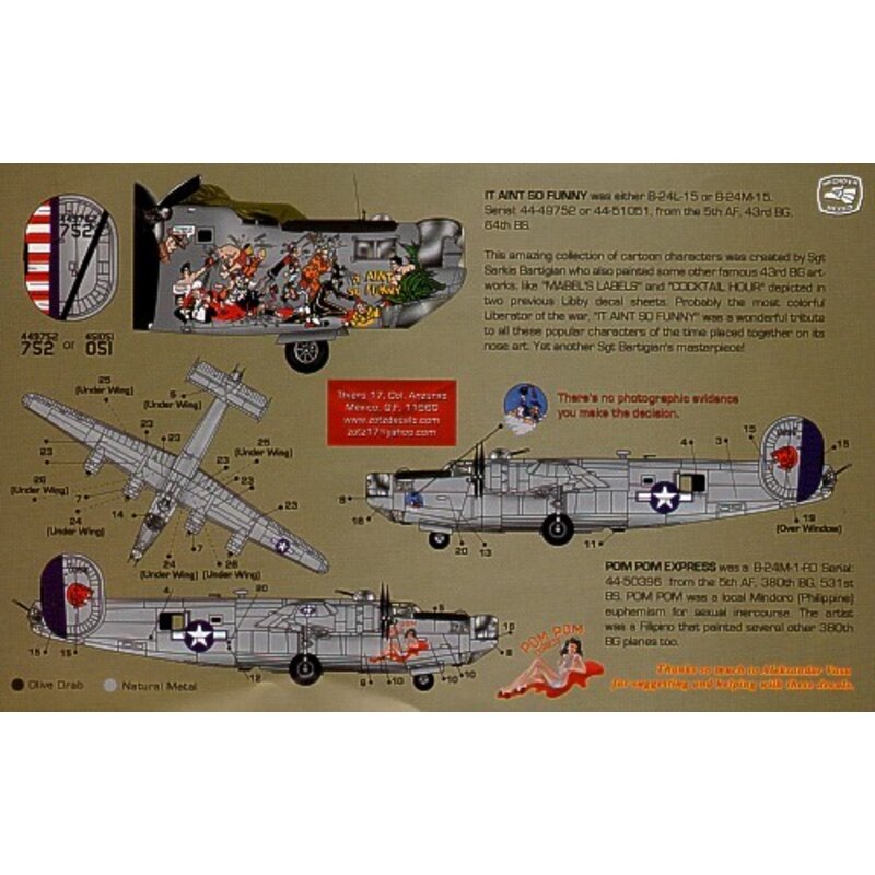 Decalcomania Consolidated B-24M Libby Gals Pt 4 (2) 44-49752 64th BS 43rd BG `It Ain′t so Funny′ with spectacular Popeye nose ar