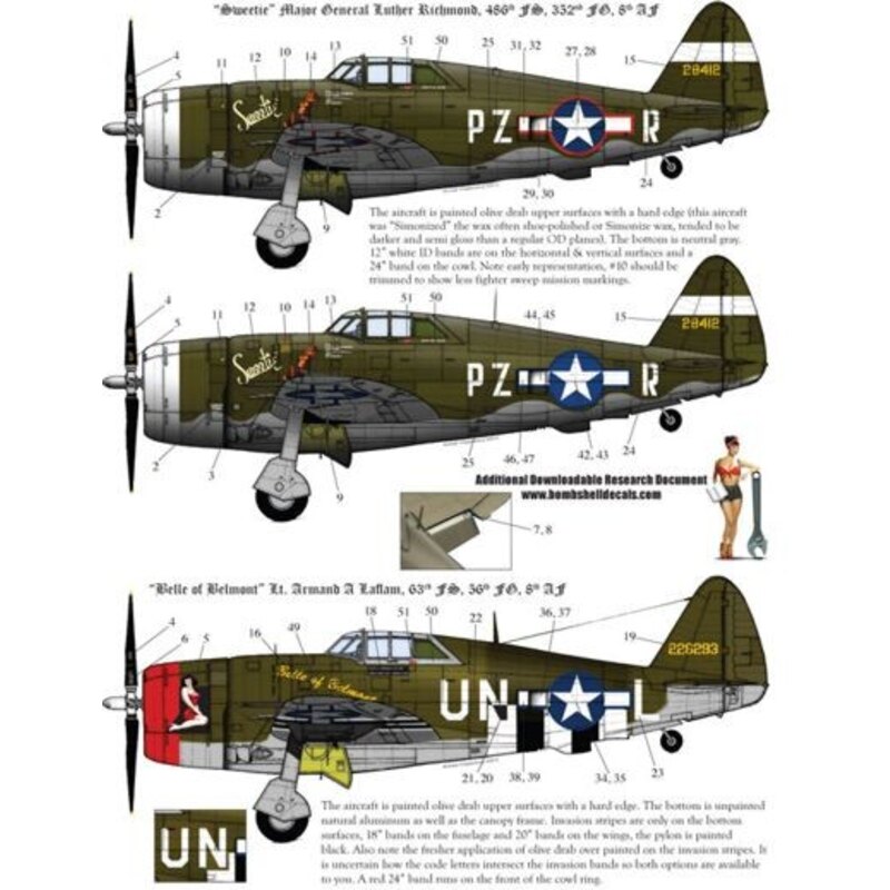 Decalcomania Republic P-47D Thunderbolt Razorback (3) 28412 PZ-R 486th FS/352nd FG Maj General Luther Richmond ′Sweetie′ two ver