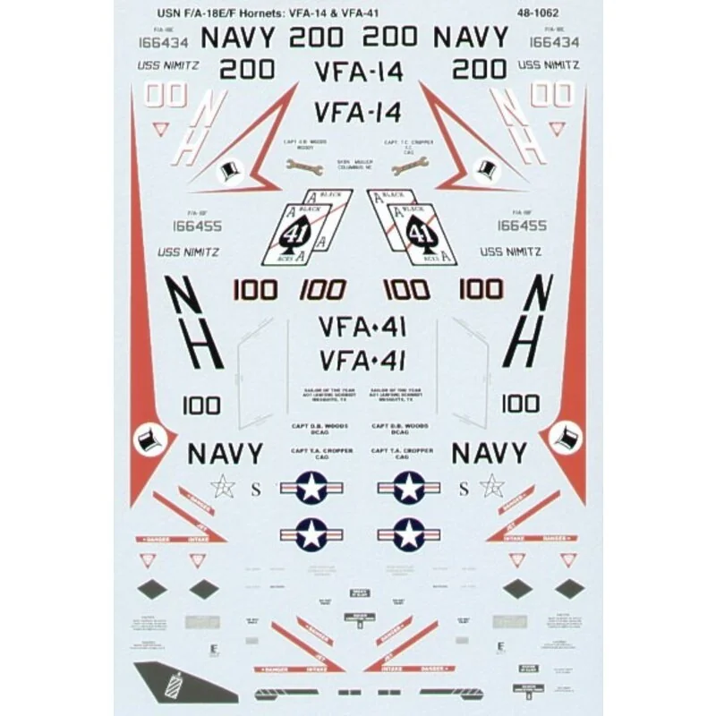 Decalcomania Boeing F/A-18E/F Super Hornets (2) F 166434 NH/200 VFA-14 Tophatters red trim, black fins; E 166455 NH/100 VFA-41 B