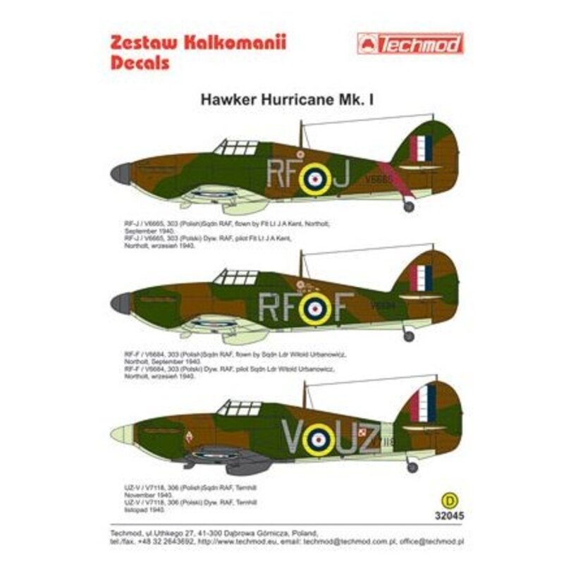 Decalcomania Hawker Hurricane Mk.I (3) V6665 RF-J 303 (Polish) Squadron Flt. Lt J.A.Kent Northolt 1940; V6684 RF-F 303 (Polish) 