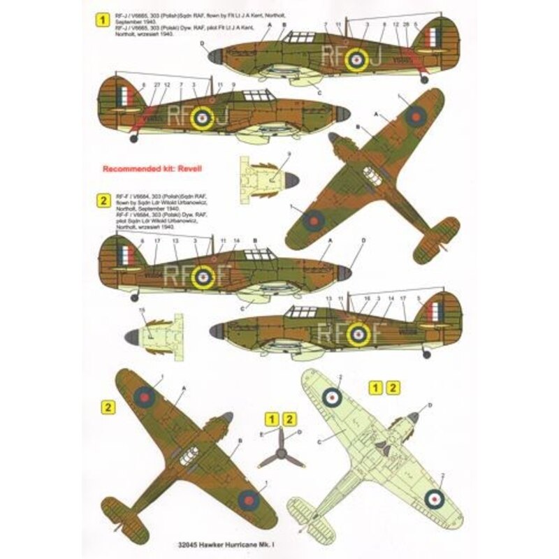 Decalcomania Hawker Hurricane Mk.I (3) V6665 RF-J 303 (Polish) Squadron Flt. Lt J.A.Kent Northolt 1940; V6684 RF-F 303 (Polish) 