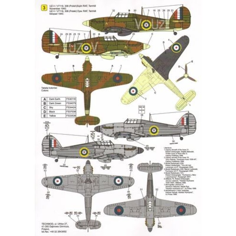 Decalcomania Hawker Hurricane Mk.I (3) V6665 RF-J 303 (Polish) Squadron Flt. Lt J.A.Kent Northolt 1940; V6684 RF-F 303 (Polish) 