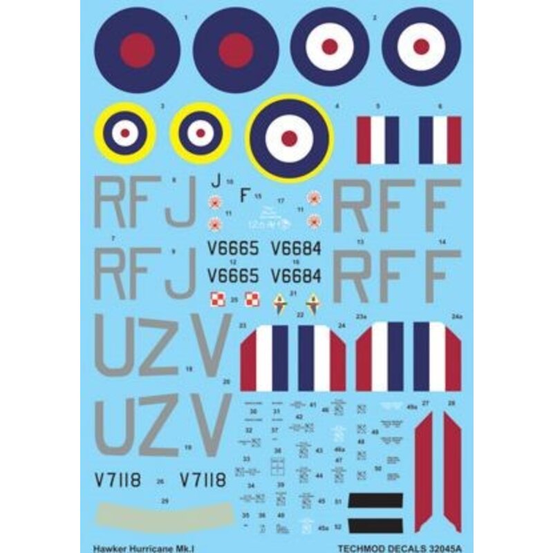 Decalcomania Hawker Hurricane Mk.I (3) V6665 RF-J 303 (Polish) Squadron Flt. Lt J.A.Kent Northolt 1940; V6684 RF-F 303 (Polish) 