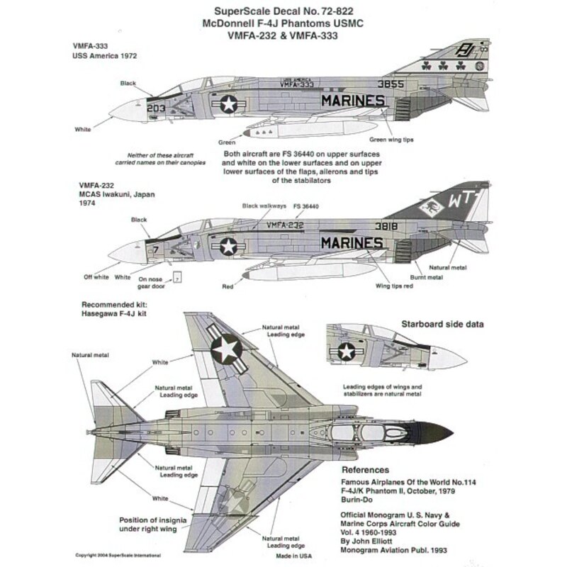 Decalcomania McDonnell F-4J USMC (2) 153818 WT/7 VMFA-232 ; 153855 AJ/203 VMFA-333