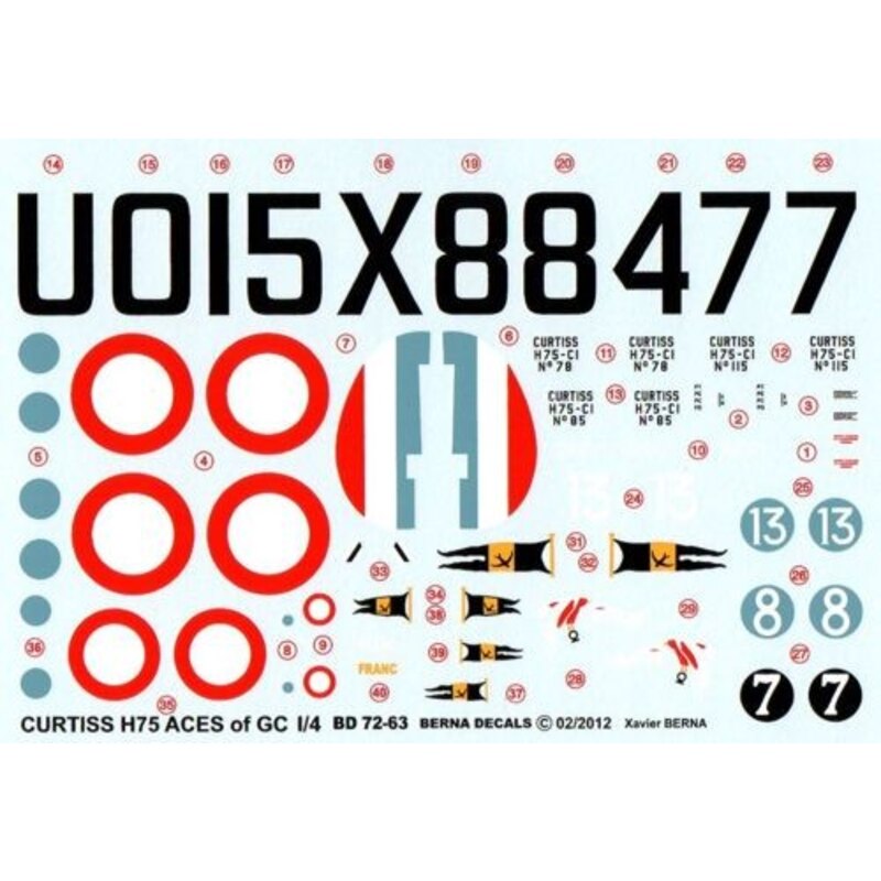Decalcomania Curtiss H-75 (P-36) Hawk Aces of GC I/4 : Guillaume 78 Cucumel 85 Hotellier 115 Joire 115