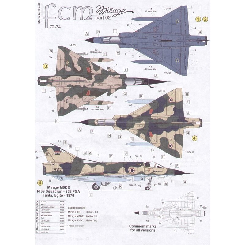 Decalcomania Mirage III Pt 2 (4) Mirage IIIE BR 29/AN 1st G.D.A Anapolis Brasil 1980 or 1985 Blue/Grey; Mirage 50EV Grupo Aereo 