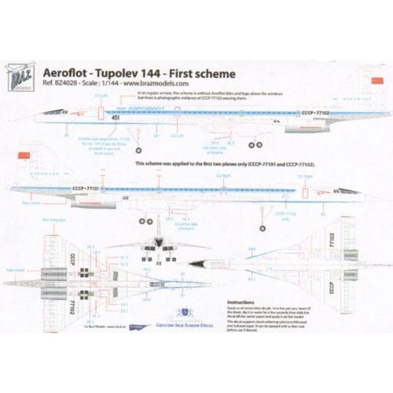 Decalcomania Tupolev Tu-144 Aeroflot CCCP-77101/77102 First Scheme(for ICM kits)