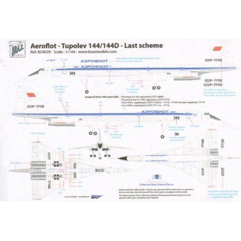 Decalcomania Tupolev Tu-144D Aeroflot Last scheme(for ICM kits)