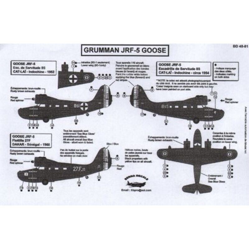 Decalcomania Grumman JRF-5 Goose (3) Esc.de Servitude 8S Indochine 1952, Flottille 27F Senegal 1960, Esc.de Servitude 8S Indochi