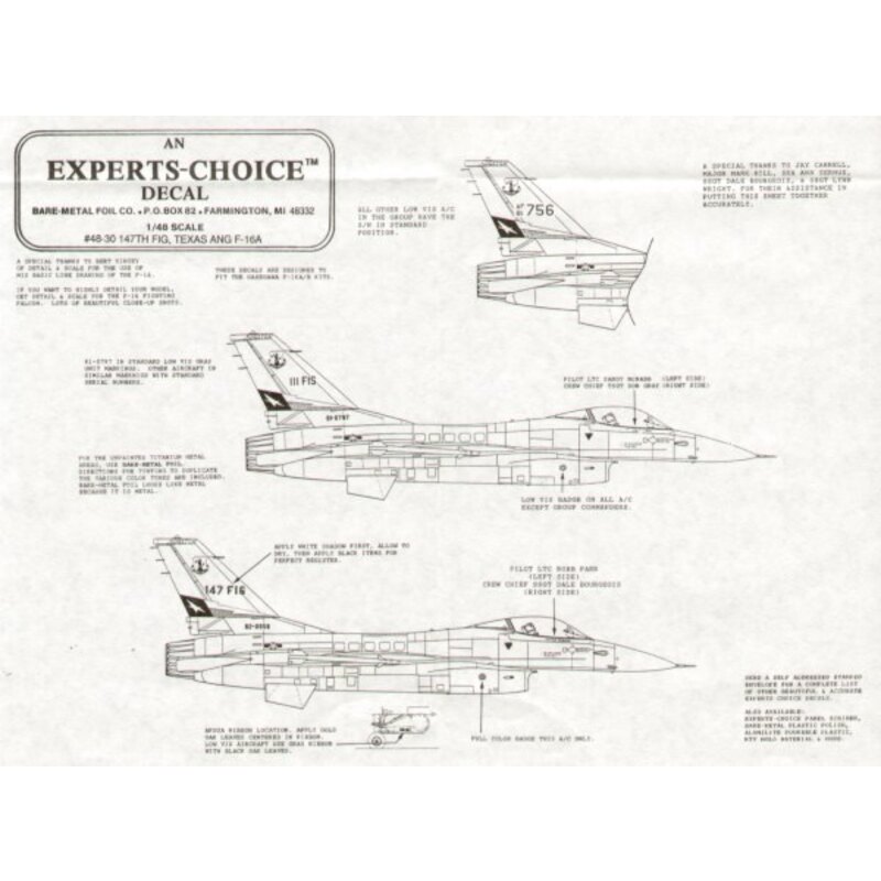 Decalcomania General Dynamics F-16A Fighting Falcon 147 FIG Texas ANG Houston