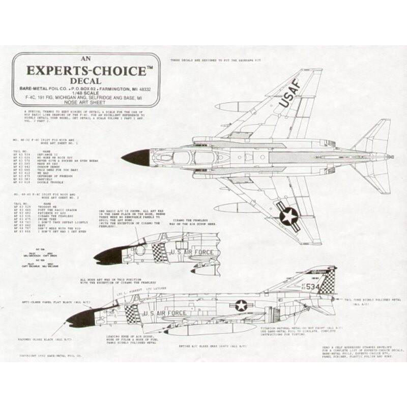 Decalcomania F-4C Phantom 191 FIG Michigan ANG Choice of 9. 63-529 Trusst Me 63-460 Puff the Magic Dragon 63-482 Patience My Ass