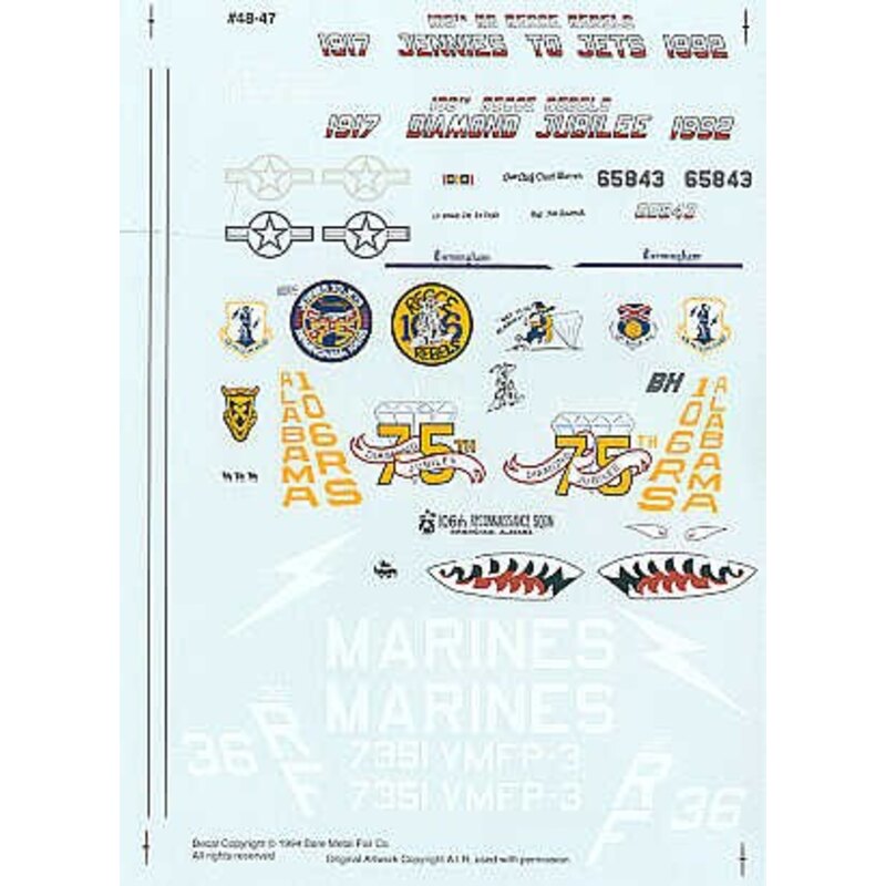 Decalcomania RF-4C Phantom (2) 65-0843 75th Anniversary 106TRS Birmingham AL 1993 Recce Rebels shark mouth 7351 RF/36 VMFP-3 ove