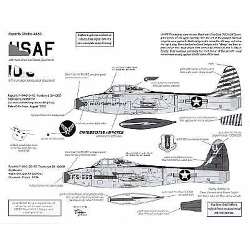 Decalcomania Republic F-84E Skyblazers (3) 49-2233 22FBS USAFE 1951 51-1065 36FBW Detroit Air Show 1952 Both with blue/white str