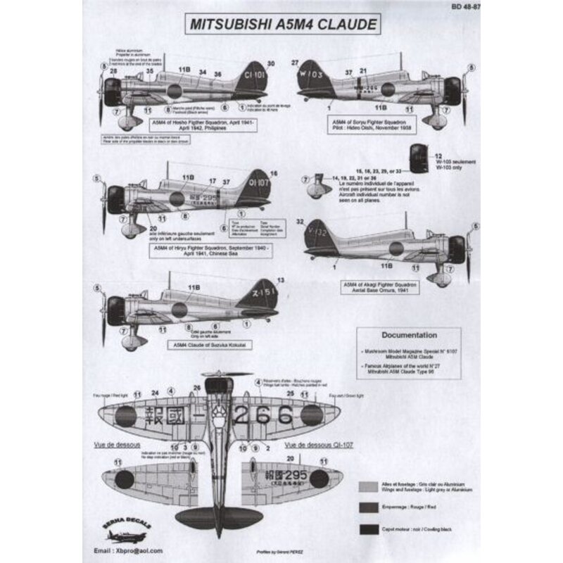 Decalcomania Mitsubishi A5M4 Claude: Hosho FS (C1-101) 1941-42, Oishi Soryu FS (W-103) 1938, Itaya Hiryu FS (QI-107) 1940, Akagi