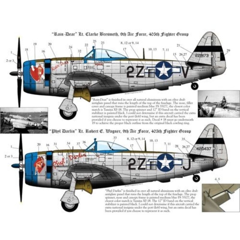 Decalcomania Republic P-47D Thunderbolt Bubble 405th FG, 9th AF (2) 229173 2Z-V Lt Clarke Bresmeth &acirc;?~Rain Dear&acirc;? (T