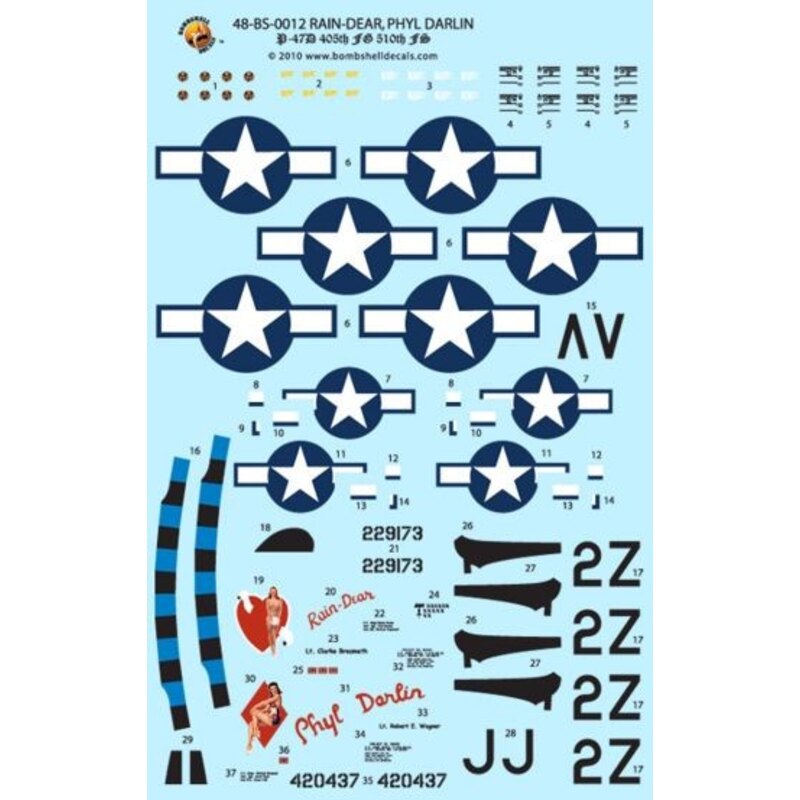 Decalcomania Republic P-47D Thunderbolt Bubble 405th FG, 9th AF (2) 229173 2Z-V Lt Clarke Bresmeth &acirc;?~Rain Dear&acirc;? (T