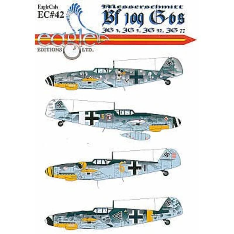 Decalcomania Messerschmitt Bf 109G-6 (4) 'Mickey Mouse' II./JG5 Major Horst Carganico; Yellow 16 9./JG77 white band/rudder Sardi