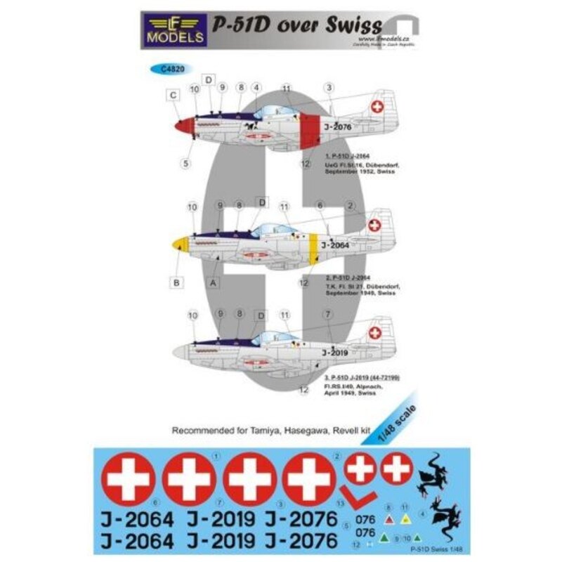 Decalcomania North-American P-51D Mustang in Swiss service (3) J-2019 44-72199 1949; J-2064 1949; J-2078 1952 all overall natura