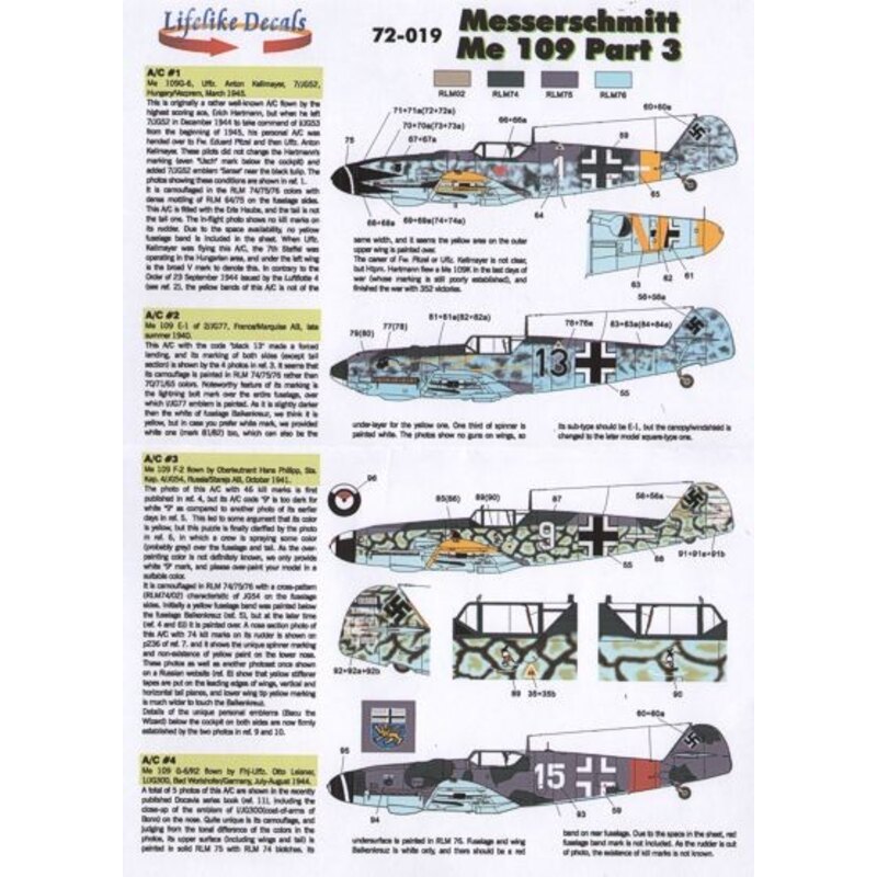 Decalcomania Messerschmitt Bf 109 Pt 3 (4) Bf-109E-1 Black 13 2/JG77 France 1940; Bf 109F-2 White 9 Oberleutnant Hans Phillipp; 