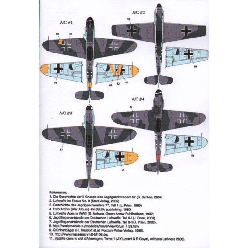 Decalcomania Messerschmitt Bf 109 Pt 3 (4) Bf-109E-1 Black 13 2/JG77 France 1940; Bf 109F-2 White 9 Oberleutnant Hans Phillipp; 