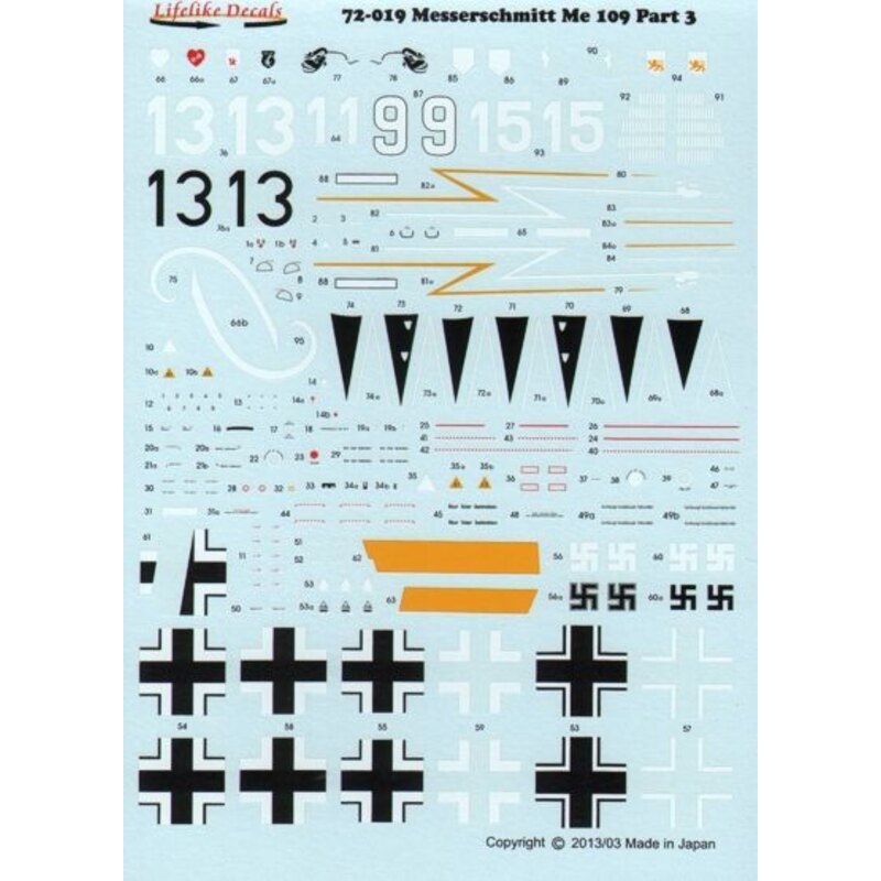 Decalcomania Messerschmitt Bf 109 Pt 3 (4) Bf-109E-1 Black 13 2/JG77 France 1940; Bf 109F-2 White 9 Oberleutnant Hans Phillipp; 