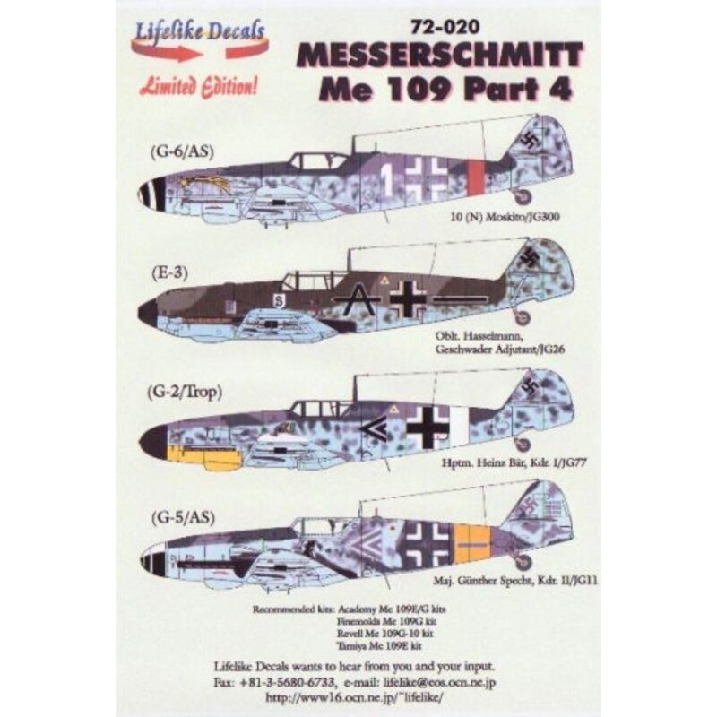 Decalcomania Messerschmitt BF 109 Py 4 (5) Bf 109E-3 Black A JG26 Oblt Hassemann; Bf 109G-2 Trop Black &lt;&lt; 1/JG77 Hptm Hein