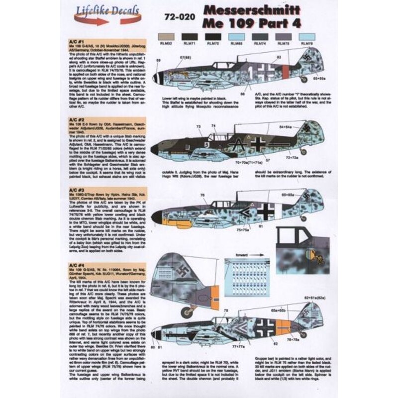 Decalcomania Messerschmitt BF 109 Py 4 (5) Bf 109E-3 Black A JG26 Oblt Hassemann; Bf 109G-2 Trop Black &lt;&lt; 1/JG77 Hptm Hein