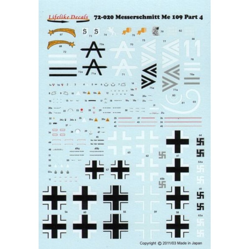 Decalcomania Messerschmitt BF 109 Py 4 (5) Bf 109E-3 Black A JG26 Oblt Hassemann; Bf 109G-2 Trop Black &lt;&lt; 1/JG77 Hptm Hein