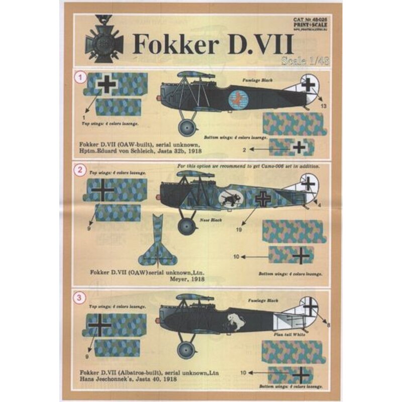 Decalcomania Fokker D.VII Pt 2 (6) Jasta 19 Yellow nose; Jasta 18 blue fuselage with blue/white check band; Jasta 13 Lozenge fus