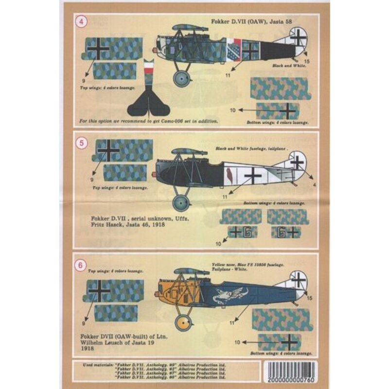 Decalcomania Fokker D.VII Pt 2 (6) Jasta 19 Yellow nose; Jasta 18 blue fuselage with blue/white check band; Jasta 13 Lozenge fus