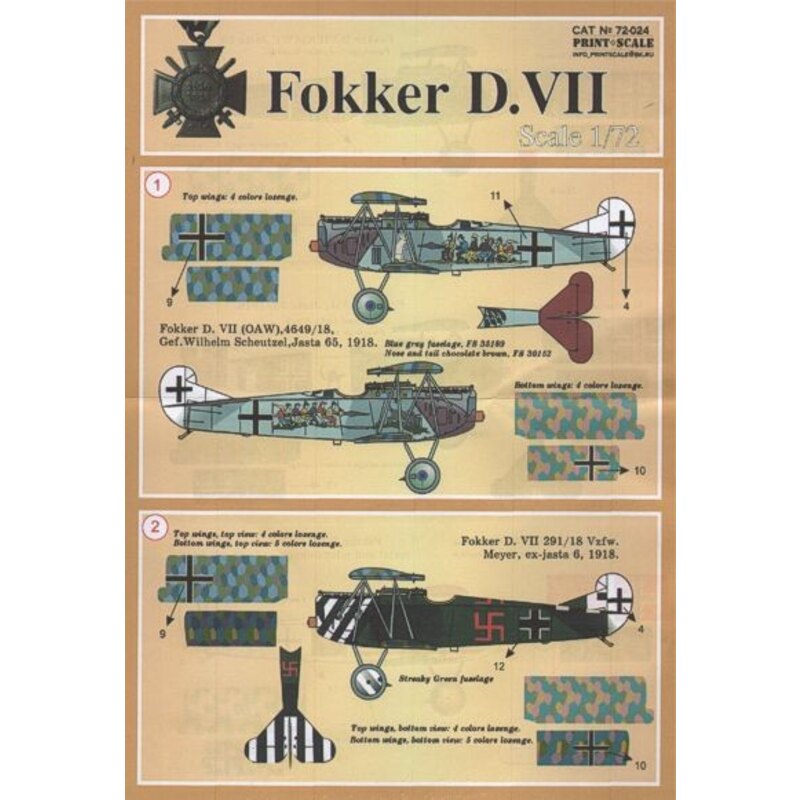 Decalcomania Fokker D.VII Pt 1 (12) Jasta 65 with group of igures on fuselage; Jasta 6 with black.white stripes on nose and tail