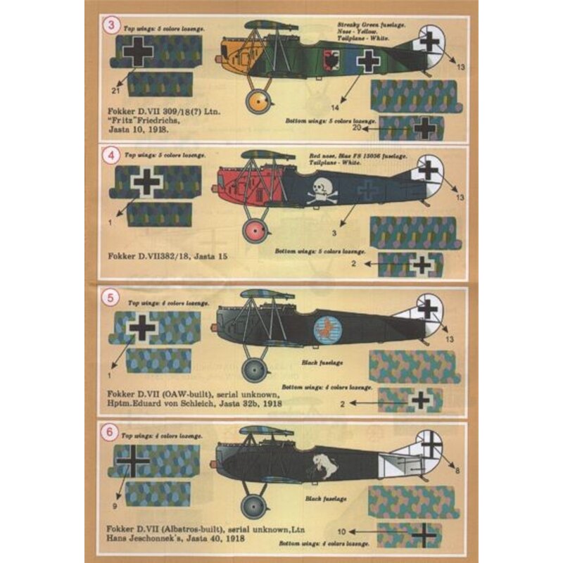 Decalcomania Fokker D.VII Pt 1 (12) Jasta 65 with group of igures on fuselage; Jasta 6 with black.white stripes on nose and tail