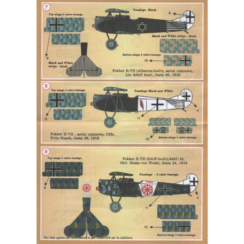 Decalcomania Fokker D.VII Pt 1 (12) Jasta 65 with group of igures on fuselage; Jasta 6 with black.white stripes on nose and tail