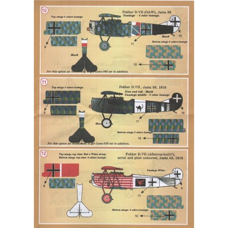 Decalcomania Fokker D.VII Pt 1 (12) Jasta 65 with group of igures on fuselage; Jasta 6 with black.white stripes on nose and tail