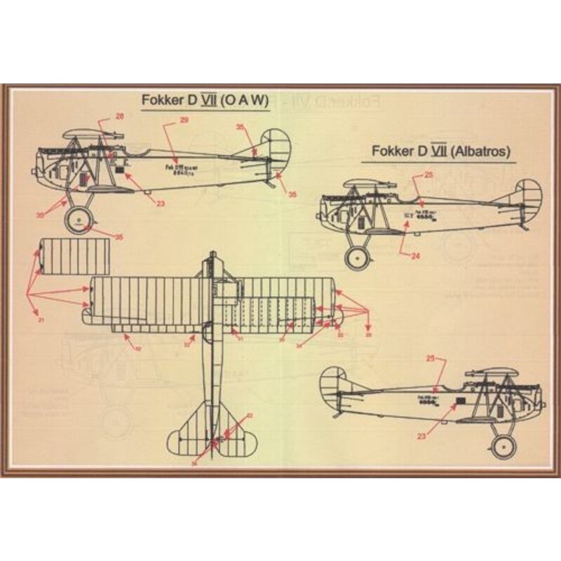 Decalcomania Fokker D.VII Pt 1 (12) Jasta 65 with group of igures on fuselage; Jasta 6 with black.white stripes on nose and tail