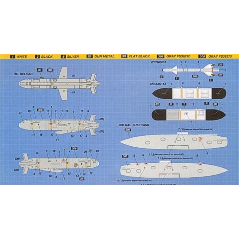 Israeli Defence Force/IDF WEAPON SET#2 Includes Python-3 X 2pcs IMI Delilah X 2pcs AN/AXQ-14 X 1pc 600 Gallon Fuel Tank X 2pcs