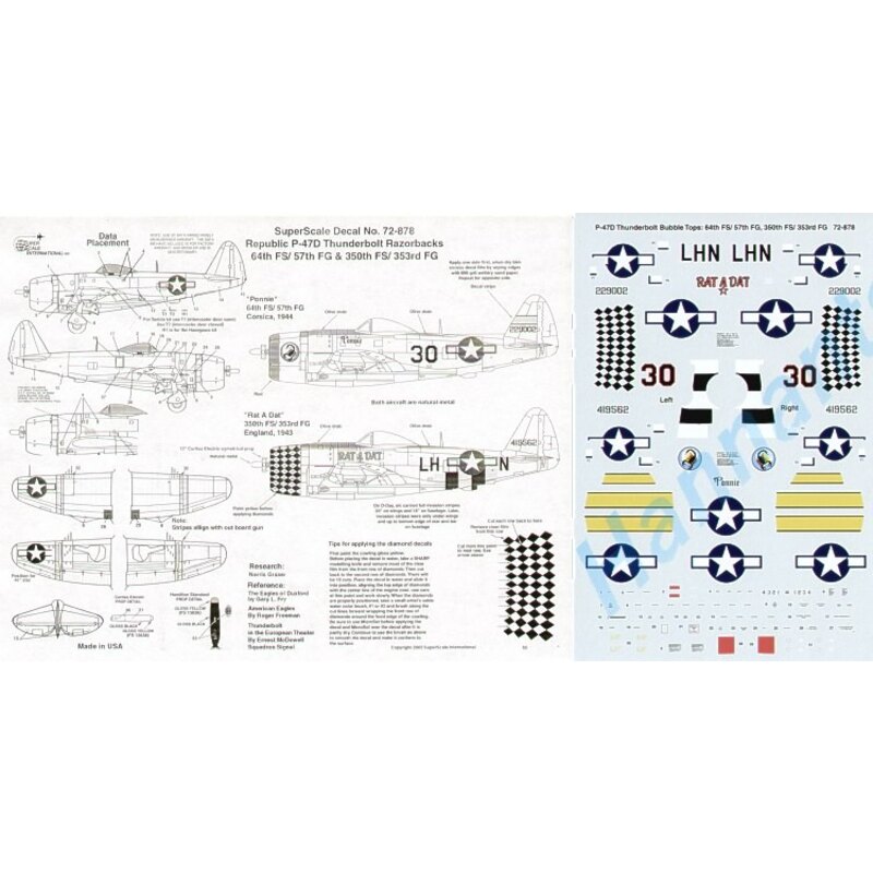 Decalcomania Republic P-47D Thunderbolt Razorback (2) 4229002 `Ponnie' 64th FS/57th FG Corsica 1944; 4419562 `Rat A Dat' 350th F