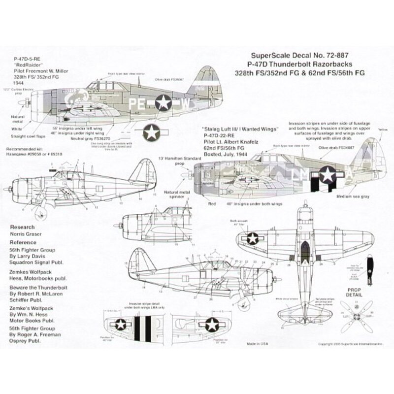 Decalcomania Republic P-47D Thunderbolt Razorbacks (2) 42-851 PE-W 328 FS/352 FG F.W.Miller `Red Raider'; 42-286298 LM-A 62 FS/5