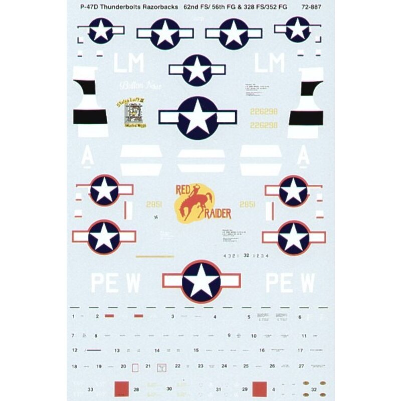 Decalcomania Republic P-47D Thunderbolt Razorbacks (2) 42-851 PE-W 328 FS/352 FG F.W.Miller `Red Raider'; 42-286298 LM-A 62 FS/5