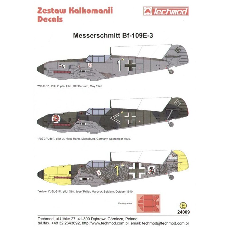 Decalcomania Messerschmitt Bf 109E-3 (3) White 1 1/JG 2 Oblt Otto Bertram May 1940; &lt; 1/JG 3 Udet Lt Hans Hahn Sept 1939; Yel