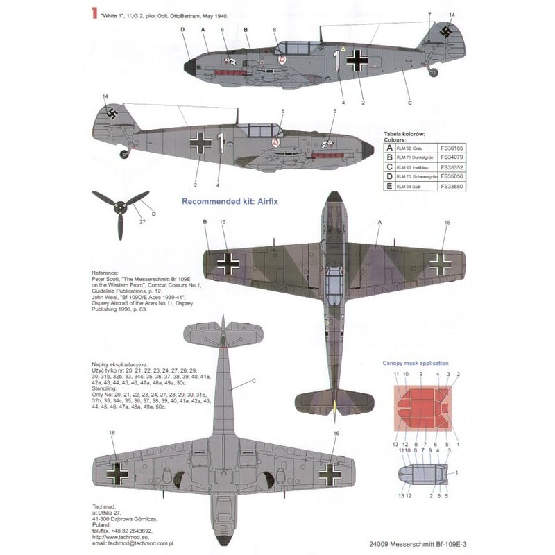 Decalcomania Messerschmitt Bf 109E-3 (3) White 1 1/JG 2 Oblt Otto Bertram May 1940; &lt; 1/JG 3 Udet Lt Hans Hahn Sept 1939; Yel