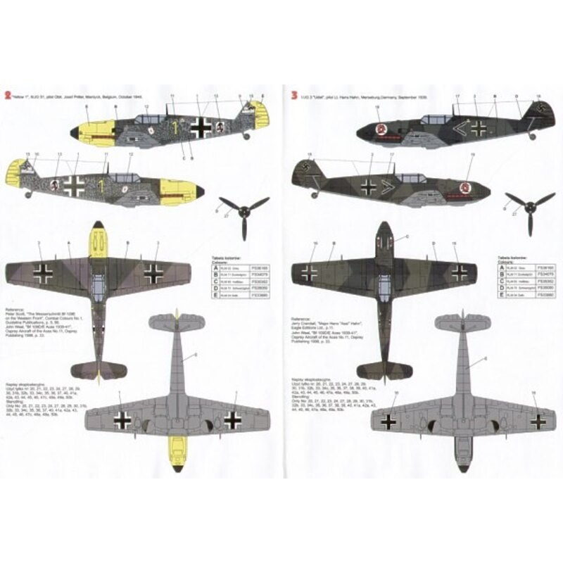 Decalcomania Messerschmitt Bf 109E-3 (3) White 1 1/JG 2 Oblt Otto Bertram May 1940; &lt; 1/JG 3 Udet Lt Hans Hahn Sept 1939; Yel