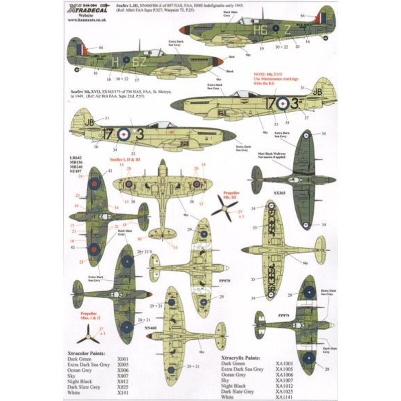 Decalcomania Supermarine Seafire Mks.II/Mk.III/XV/XVII (11) Mk.IIc LR642 8-M 807 NAS HMS Battler 1942; MB249 7-B 880 NAS HMS Ind