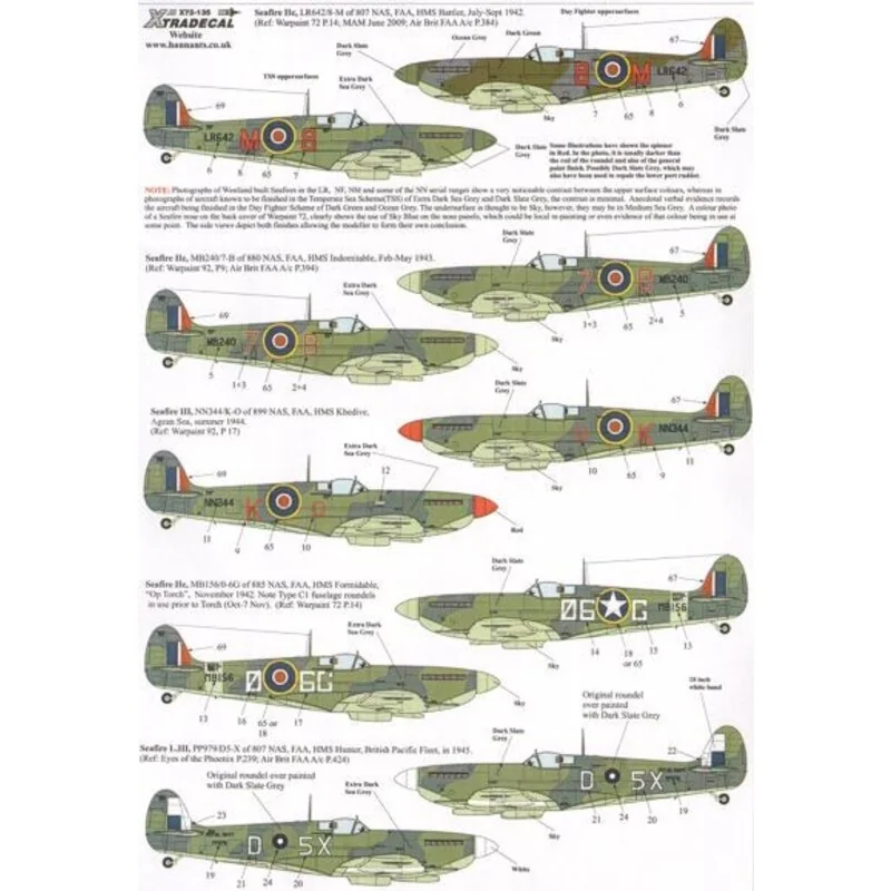 Decalcomania Supermarine Seafire Mk.II/Mk.III/Mk.XV/Mk.XVII (11) Mk.IIc LR642 8-M 807 NAS HMS Battler 1942; MB249 7-B 880 NAS HM