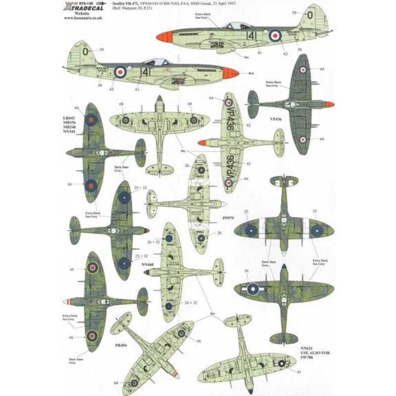 Decalcomania Supermarine Seafire Mk.II/Mk.III/Mk.XV/Mk.XVII (11) Mk.IIc LR642 8-M 807 NAS HMS Battler 1942; MB249 7-B 880 NAS HM